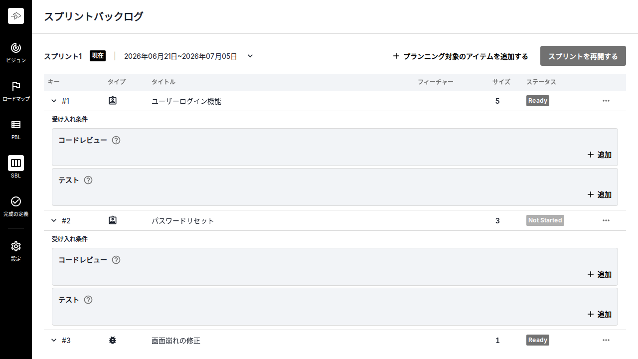 スプリントモードでスプリントの再計画ができる